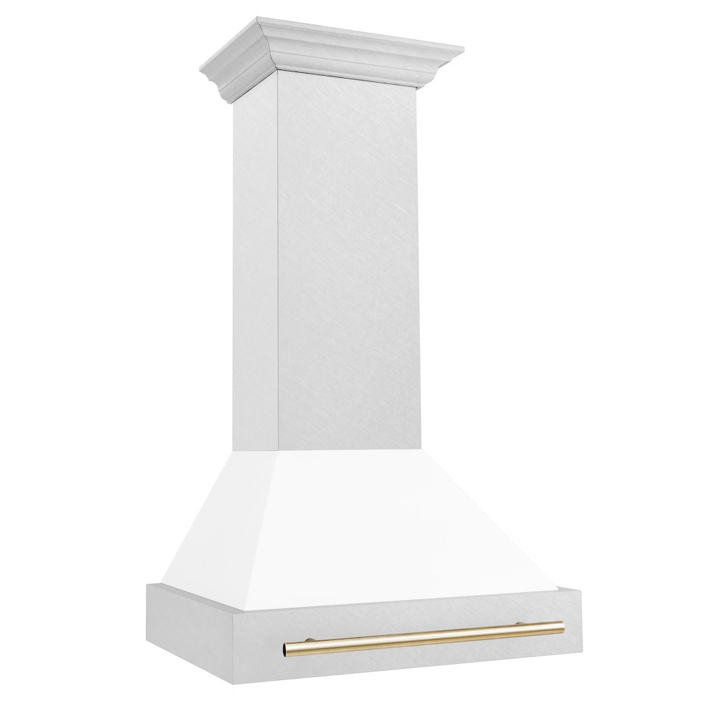 ZLINE Autograph Edition 30-inch range hood in satin stainless steel and polished gold accents 8654SNZ-WM30-G, side view