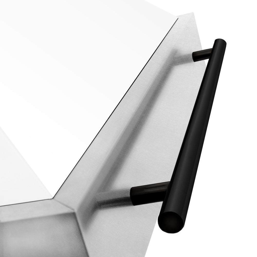 ZLINE Autograph Edition 30-inch range hood in satin stainless steel and matte black accents 8654SNZ-WM30-MB, detail
