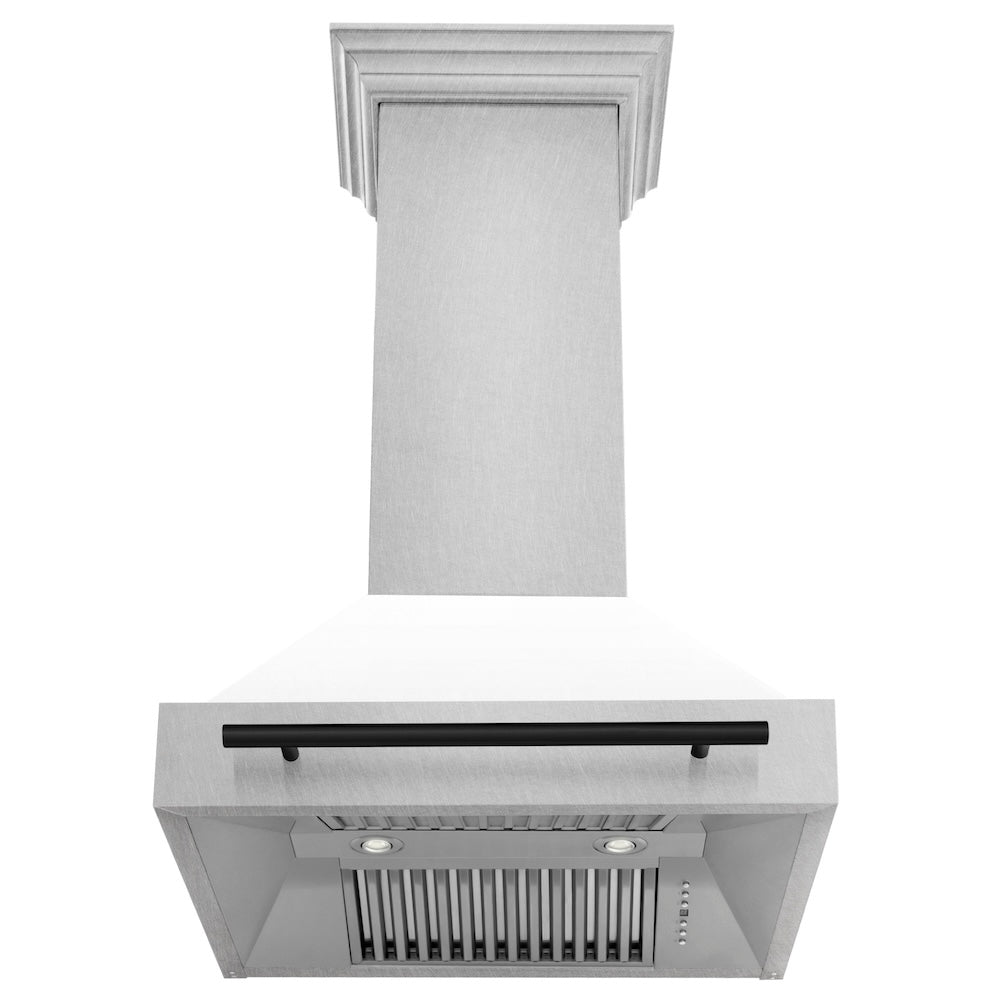 ZLINE Autograph Edition 30-inch range hood in satin stainless steel and matte black accents 8654SNZ-WM30-MB, front view