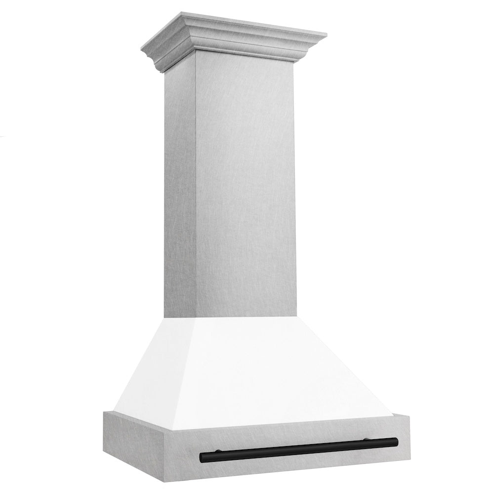 ZLINE Autograph Edition 30-inch range hood in satin stainless steel and matte black accents 8654SNZ-WM30-MB, side view