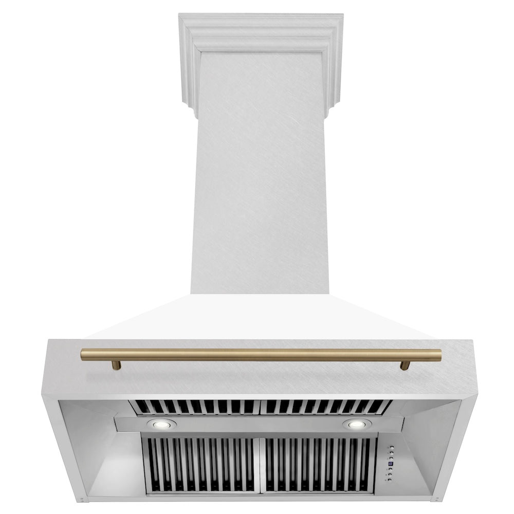 ZLINE Autograph Edition 36-inch range hood in satin stainless steel and champagne bronze accents 8654SNZ-WM36-CB, front view