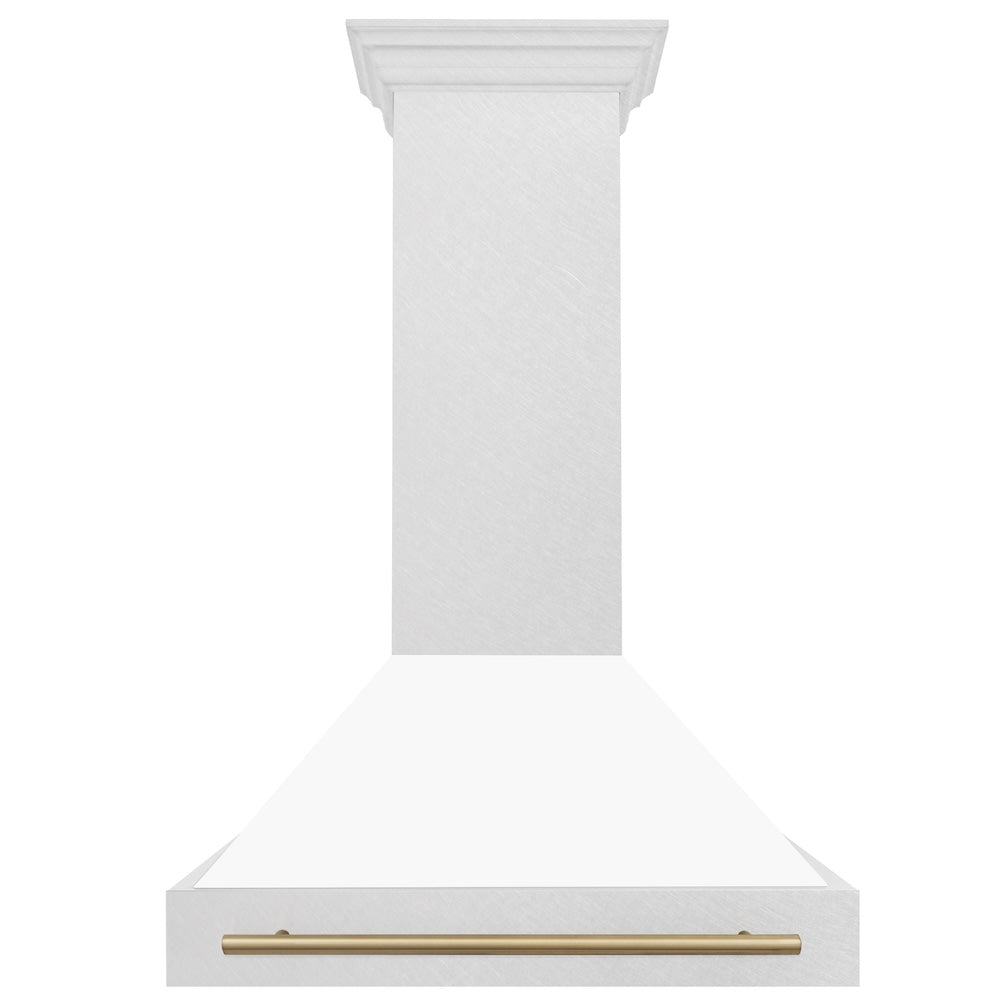 ZLINE Autograph Edition 36-inch range hood in satin stainless steel and champagne bronze accents 8654SNZ-WM36-CB, front view