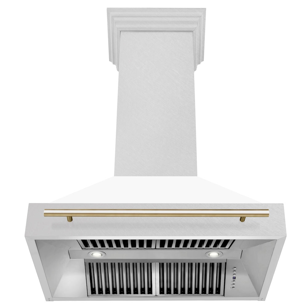ZLINE Autograph Edition 36-inch range hood in satin stainless steel and polished gold accents 8654SNZ-WM36-G, front view