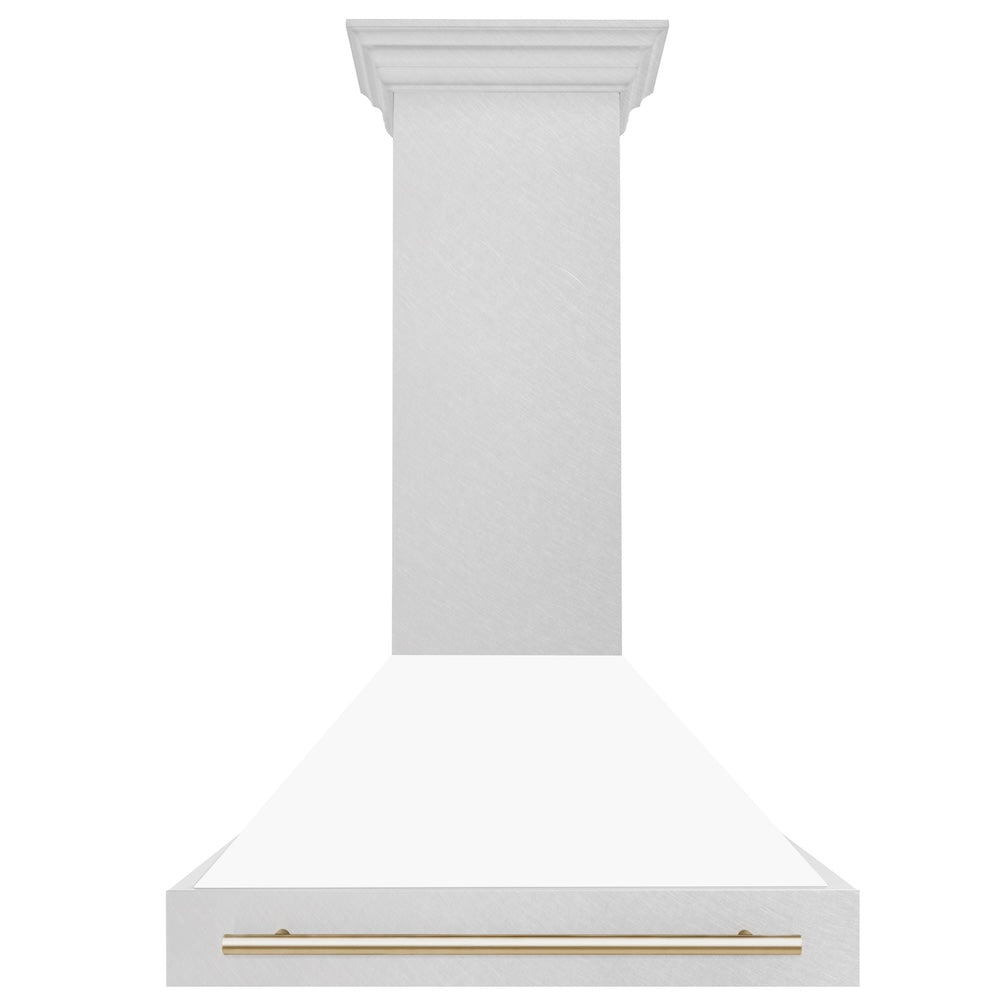 ZLINE Autograph Edition 36-inch range hood in satin stainless steel and polished gold accents 8654SNZ-WM36-G, front view