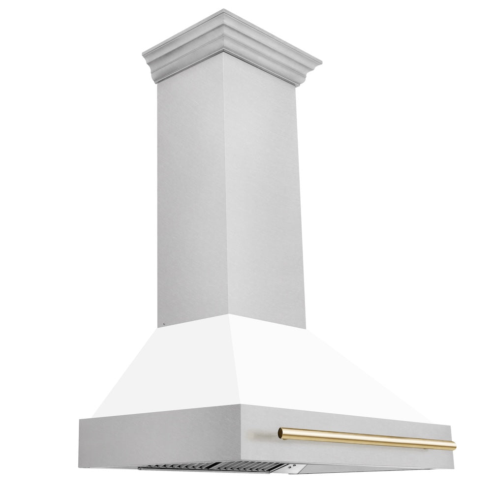 ZLINE Autograph Edition 36-inch range hood in satin stainless steel and polished gold accents 8654SNZ-WM36-G