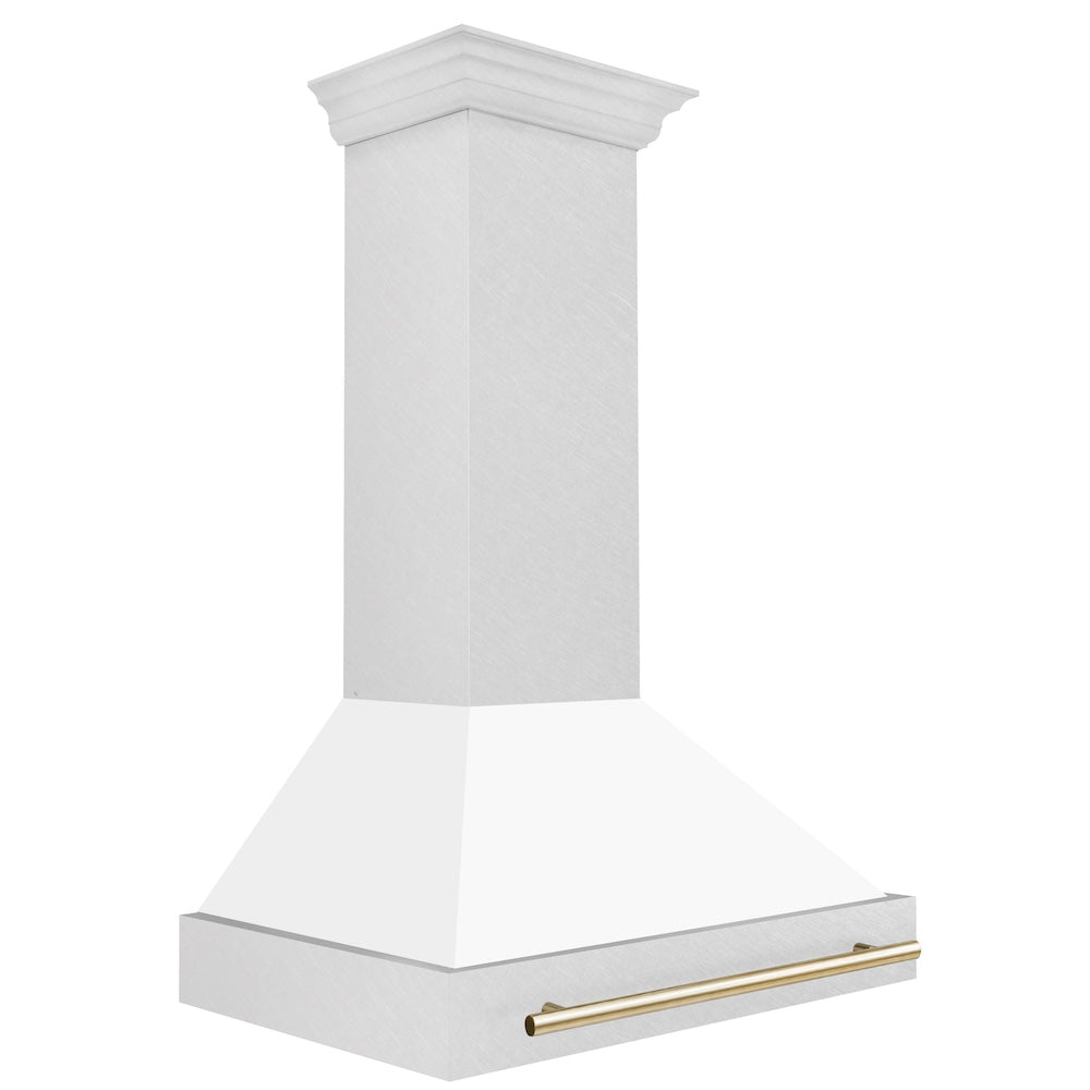 ZLINE Autograph Edition 36-inch range hood in satin stainless steel and polished gold accents 8654SNZ-WM36-G, side view