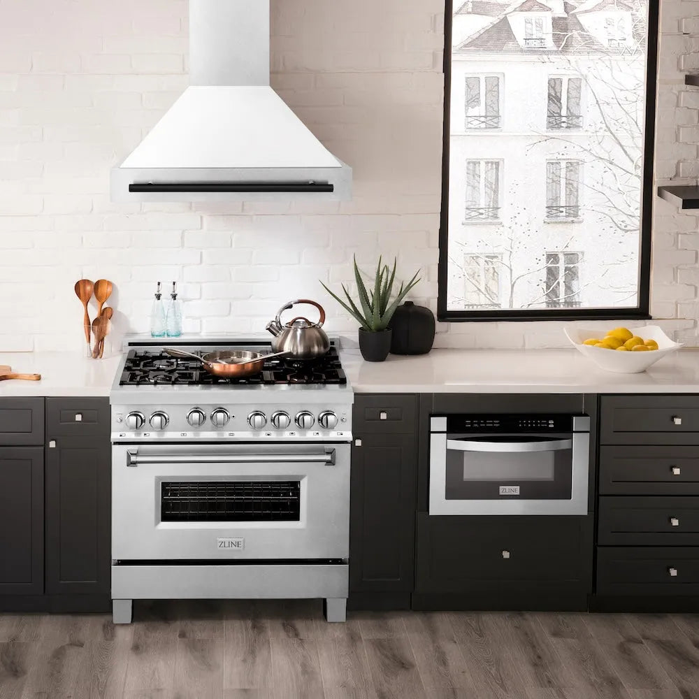 ZLINE Autograph Edition 36-inch range hood in satin stainless steel and matte black accents 8654SNZ-WM36-MB, view 2