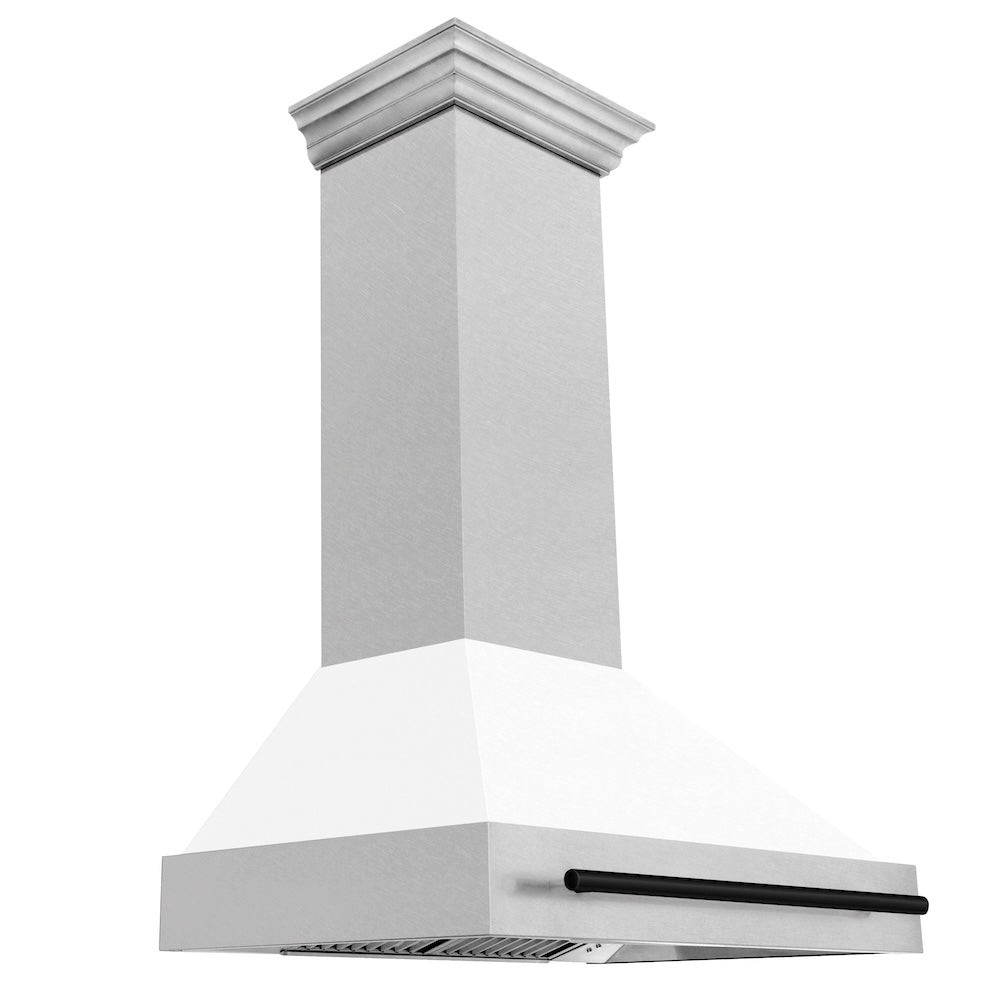 ZLINE Autograph Edition 36-inch range hood in satin stainless steel and matte black accents 8654SNZ-WM36-MB
