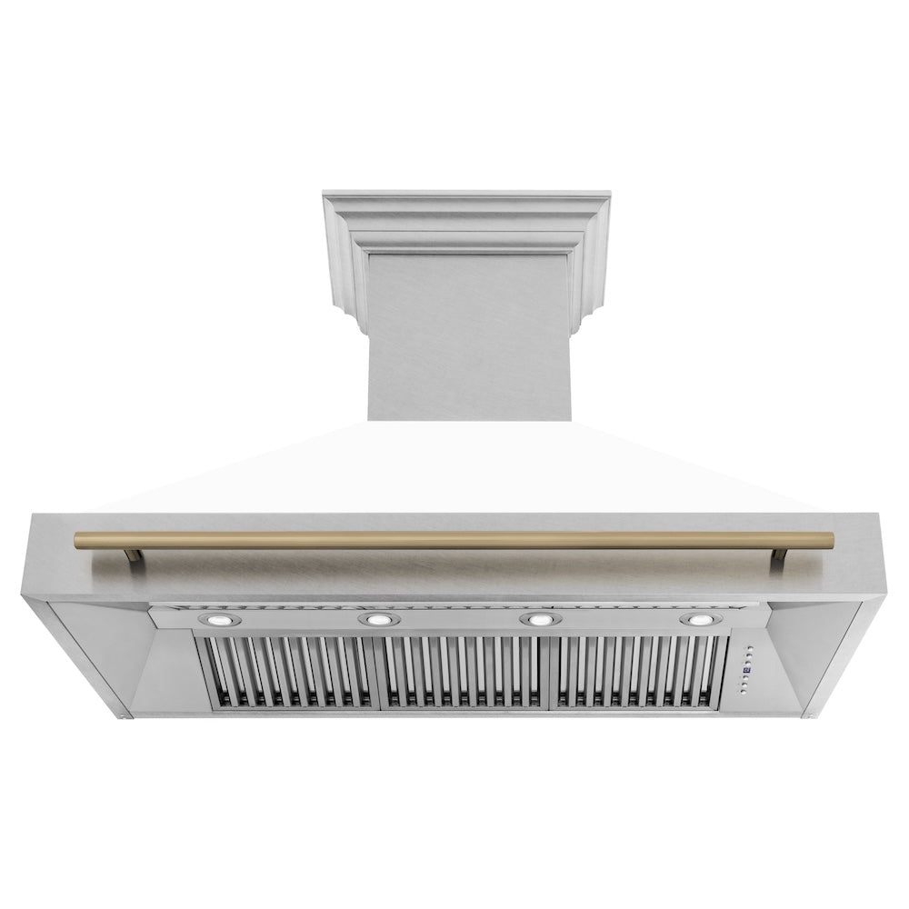 ZLINE Autograph Edition 48-inch range hood in satin stainless steel and champagne bronze accents 8654SNZ-WM48-CB, front view