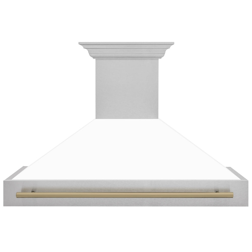 ZLINE Autograph Edition 48-inch range hood in satin stainless steel and champagne bronze accents 8654SNZ-WM48-CB, front view