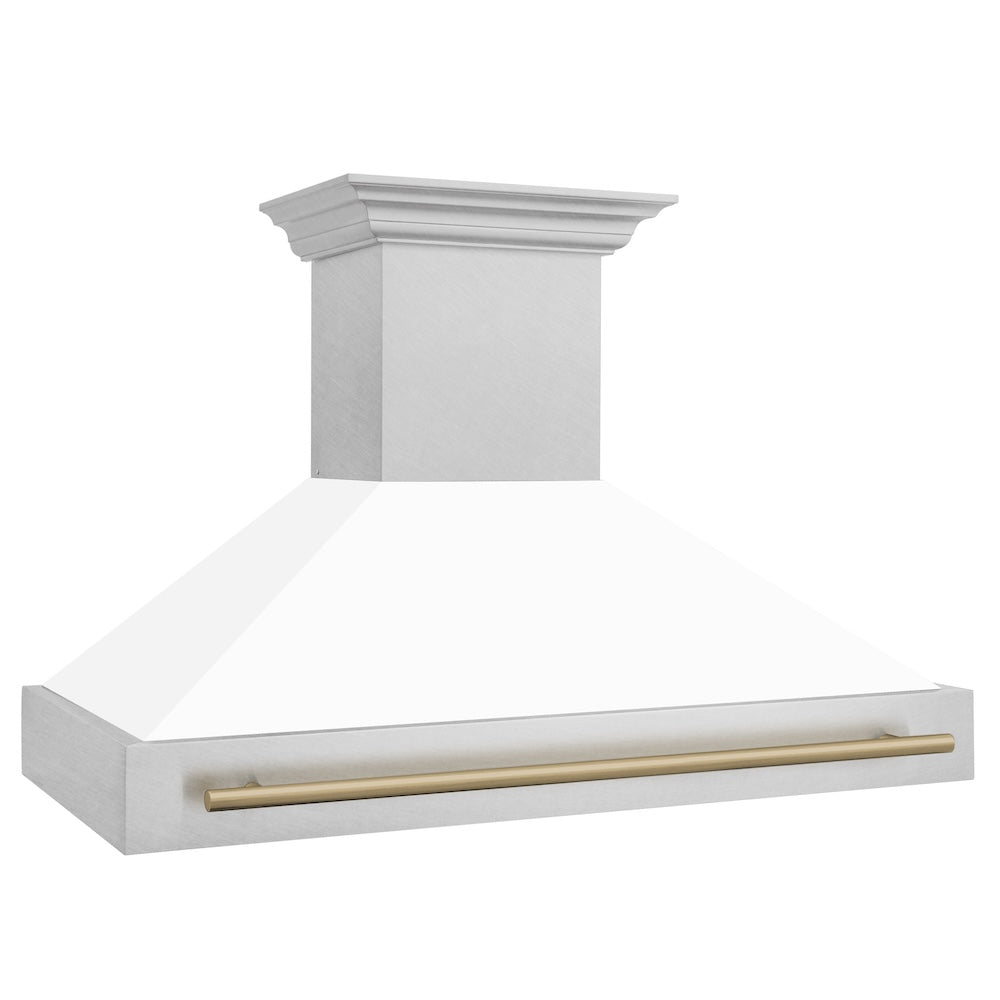 ZLINE Autograph Edition 48-inch range hood in satin stainless steel and champagne bronze accents 8654SNZ-WM48-CB, side view