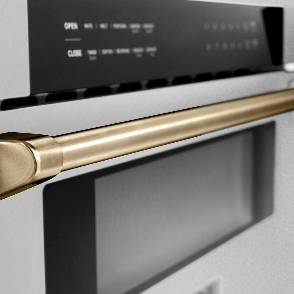 ZLINE Autograph Edition 30-inch microwave in satin stainless steel and champagne bronze accents MWDZ-30-SS-CB, detail