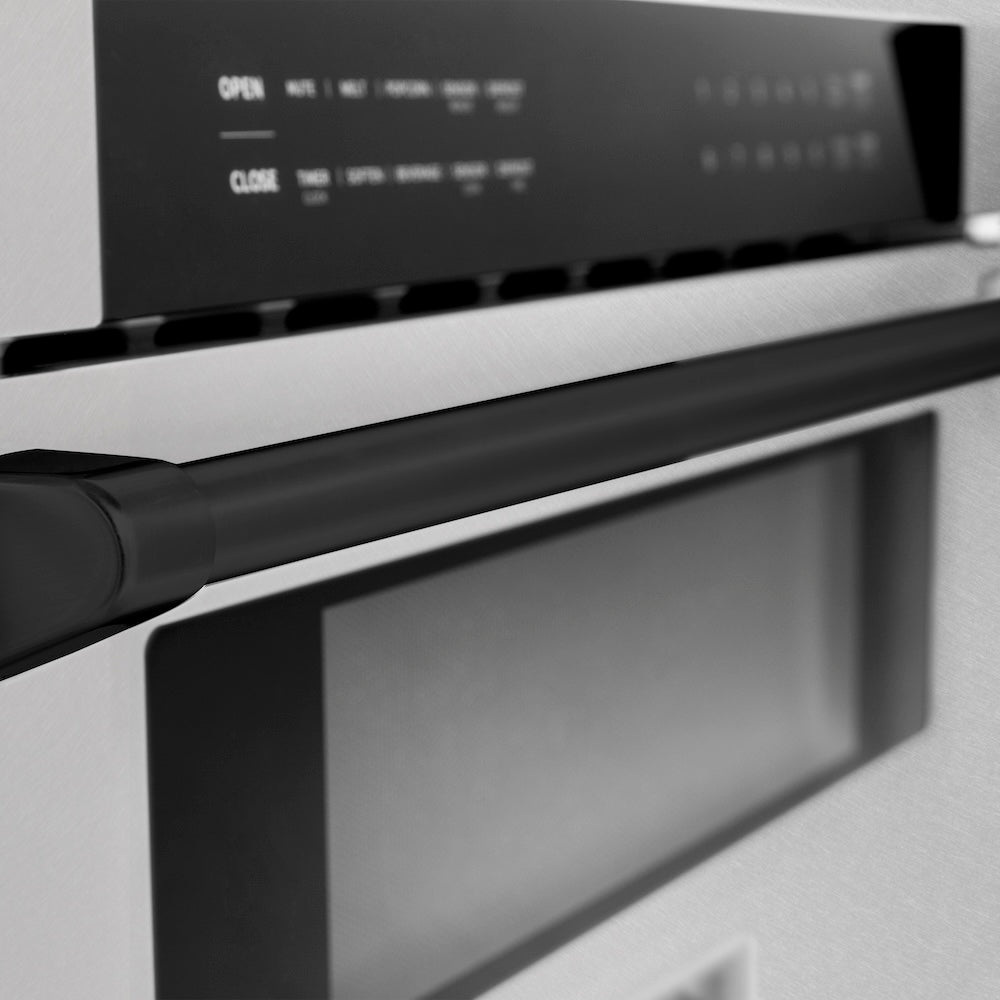 ZLINE Autograph Edition 30-inch microwave in satin stainless steel and matte black accents MWDZ-30-SS-MB, detail