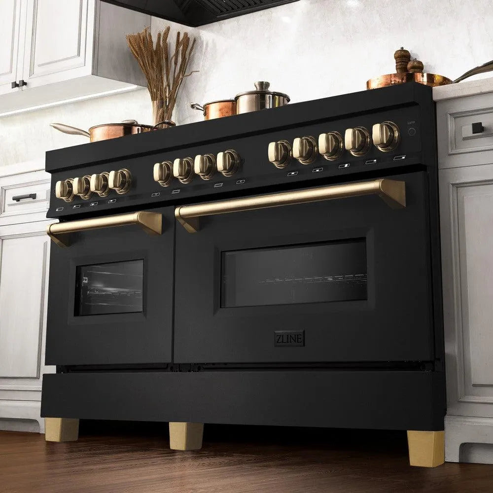 ZLINE Autograph Edition Legacy 60-inch range in black stainless steel and polished gold accents RABZ-60-G, from above