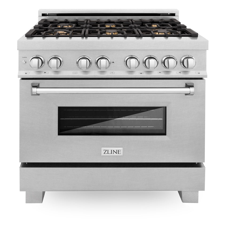 ZLINE Legacy 36-inch range in satin stainless steel RAS-SN-BR-36, front view