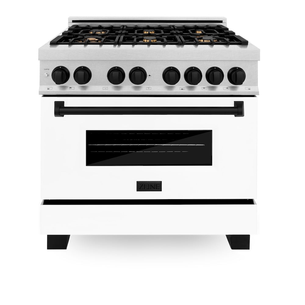 ZLINE Autograph Edition Legacy 36-inch range in satin stainless steel with white matte door and matte black accents RASZ-WM-36-MB, front view
