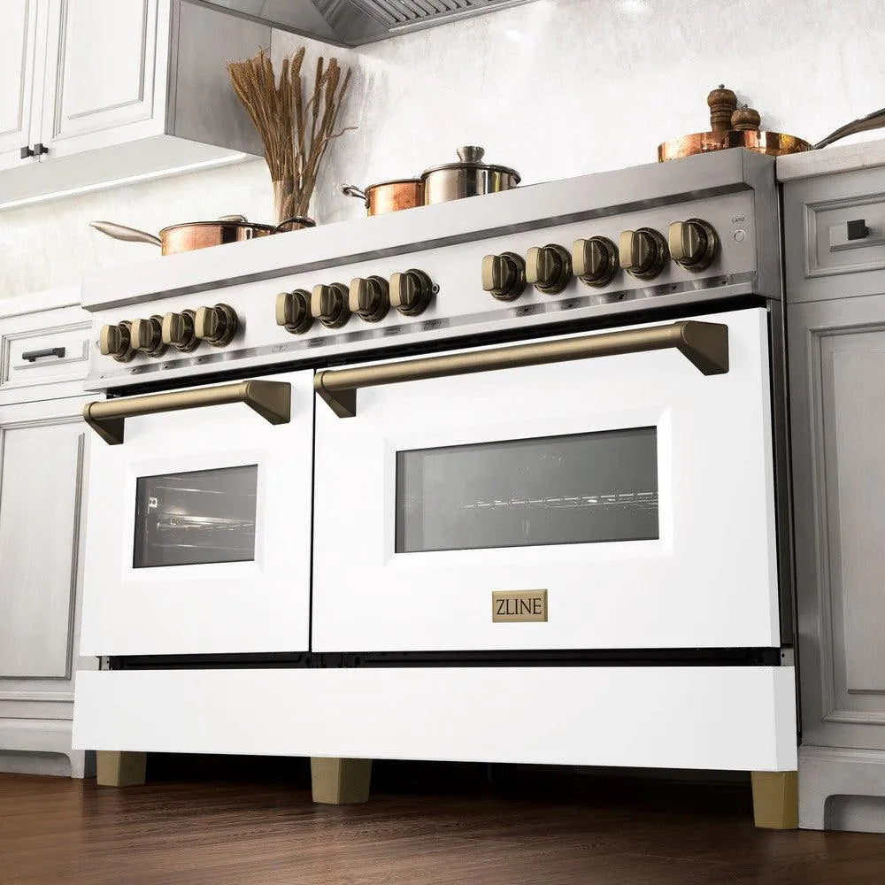 ZLINE Autograph Edition Legacy 60-inch range in stainless steel with white matte door and champagne bronze accents RAZ-WM-60-CB, from above