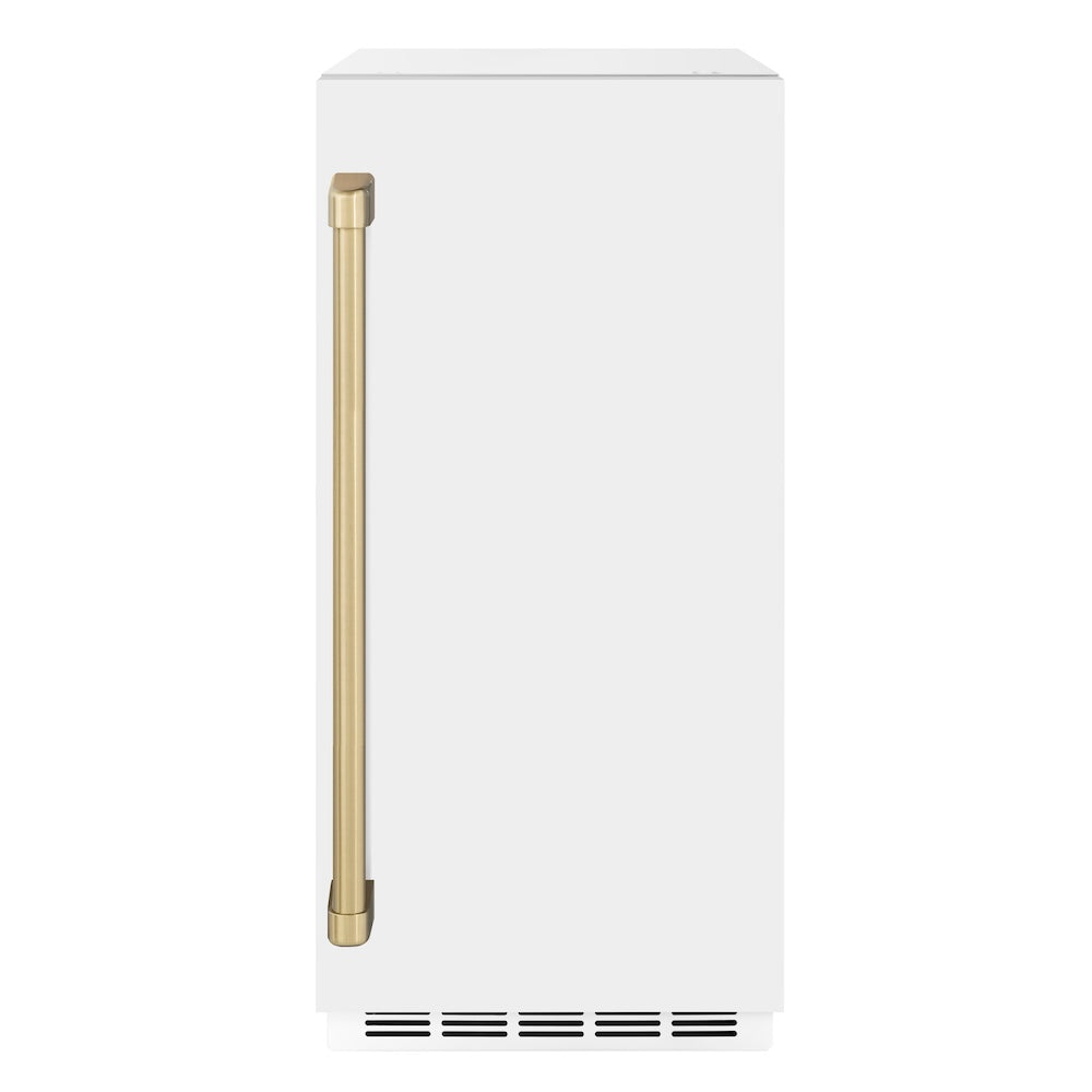 ZLINE Autograph Edition Touchstone 15-inch ice maker in white matte and champagne bronze accents ICCDZ-WM-15-CB