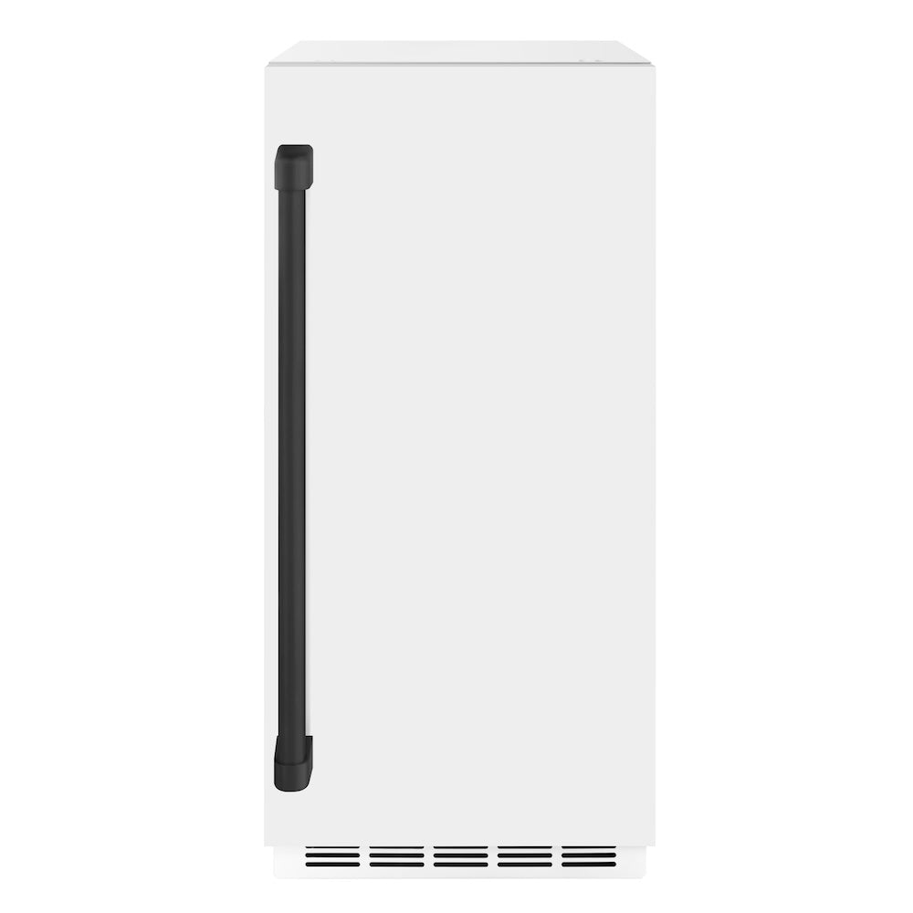 ZLINE Autograph Edition Touchstone 15-inch ice maker in white matte and matte black accents ICCDZ-WM-15-MB