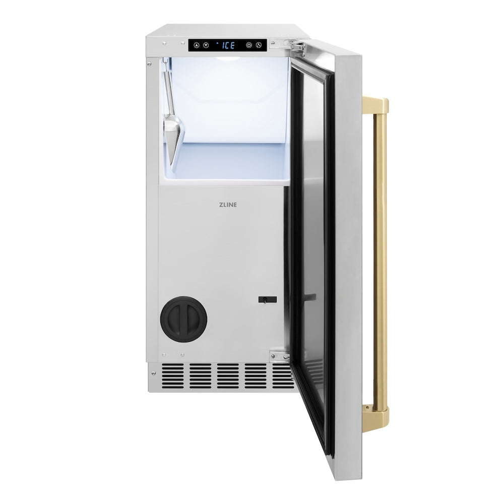 ZLINE Autograph Edition Touchstone 15-inch ice maker in stainless steel and champagne bronze accents ICCDZ-ST-15-CB, front view