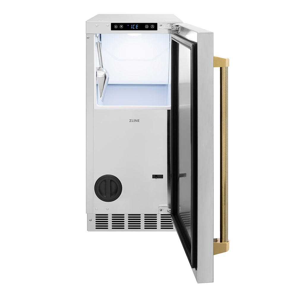 ZLINE Autograph Edition Touchstone 15-inch ice maker in stainless steel and polished gold accents ICCDZ-ST-15-KG, front view