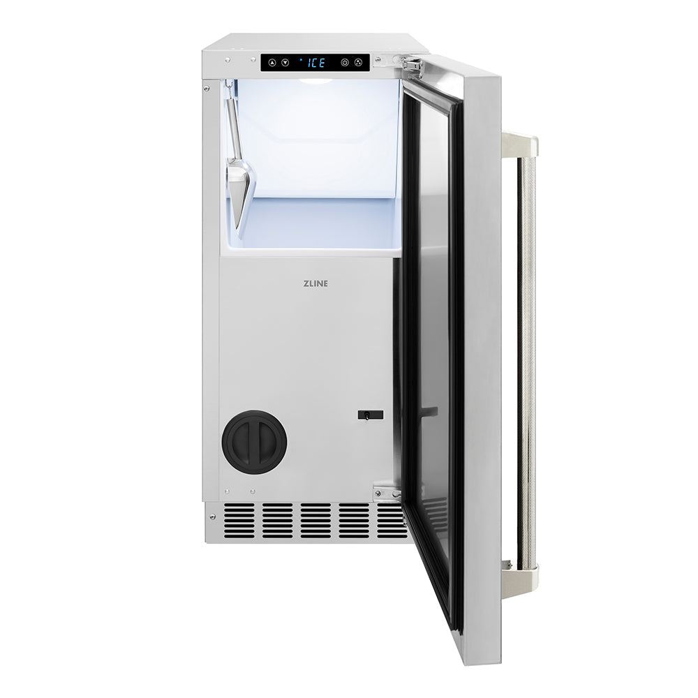 ZLINE Autograph Edition Touchstone 15-inch ice maker in stainless steel and polished nickel accents ICCDZ-ST-15-KPN, front view