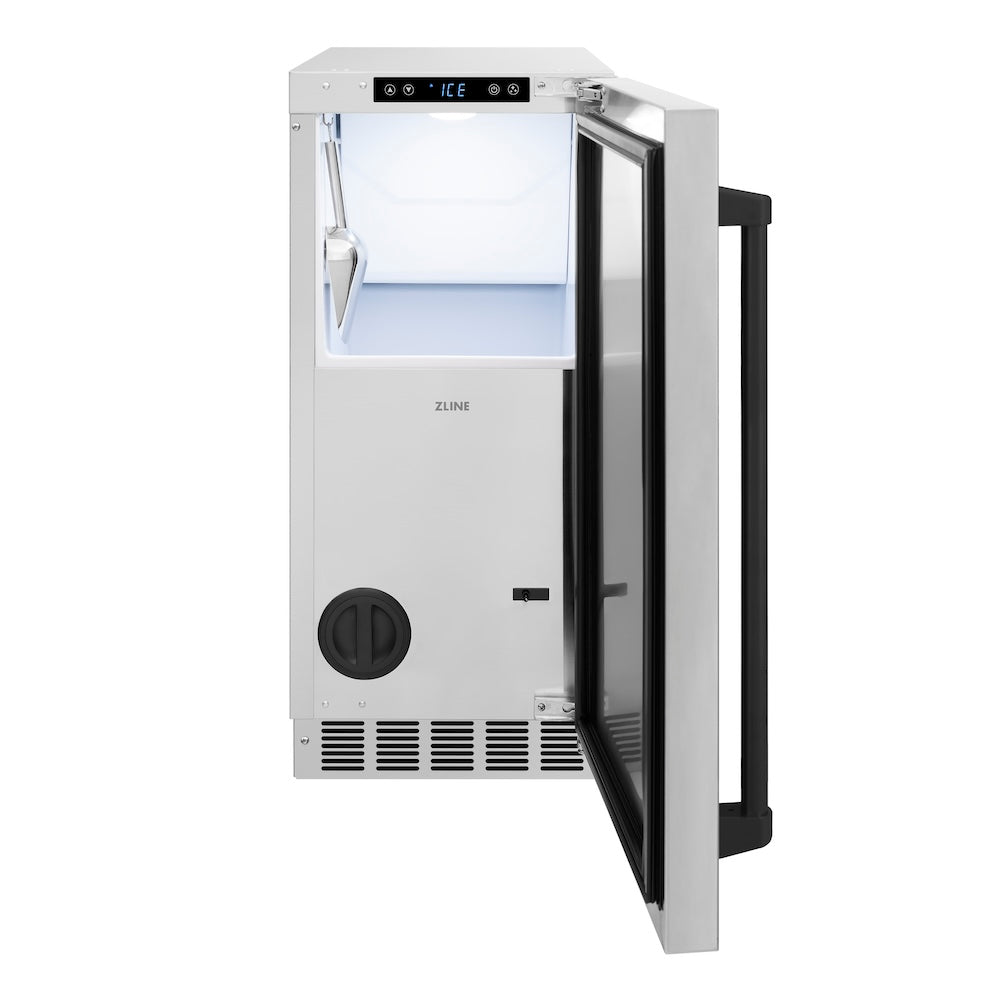 ZLINE Autograph Edition Touchstone 15-inch ice maker in stainless steel and matte black accents ICCDZ-ST-15-MB, front view
