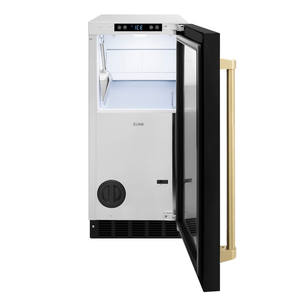 ZLINE Autograph Edition Touchstone 15-inch ice maker in black matte and champagne bronze accents IGMDZ-BLM-15-CB, front view