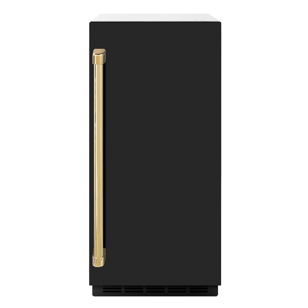 ZLINE Autograph Edition Touchstone 15-inch ice maker in black matte and polished gold accents IGMDZ-BLM-15-G