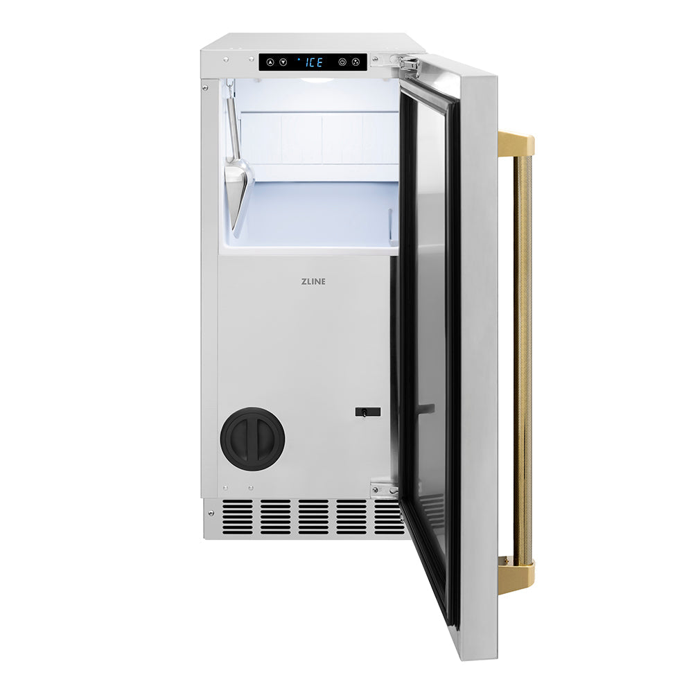 ZLINE Autograph Edition Touchstone 15-inch ice maker in stainless steel and polished gold accents IGMDZ-ST-15-KG, front view