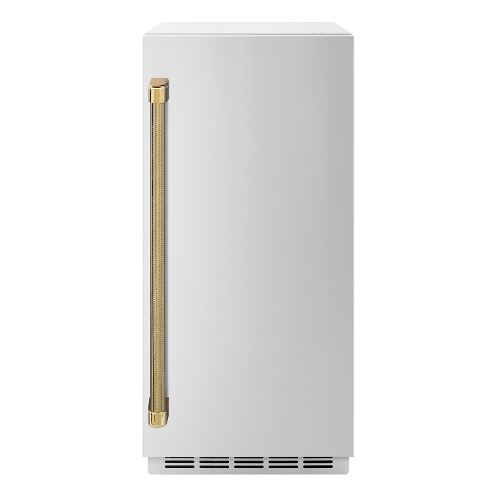 ZLINE Autograph Edition Touchstone 15-inch ice maker in stainless steel and polished gold accents IGMDZ-ST-15-KG