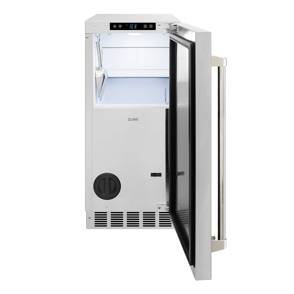 ZLINE Autograph Edition Touchstone 15-inch ice maker in stainless steel and polished nickel accents IGMDZ-ST-15-KPN, front view