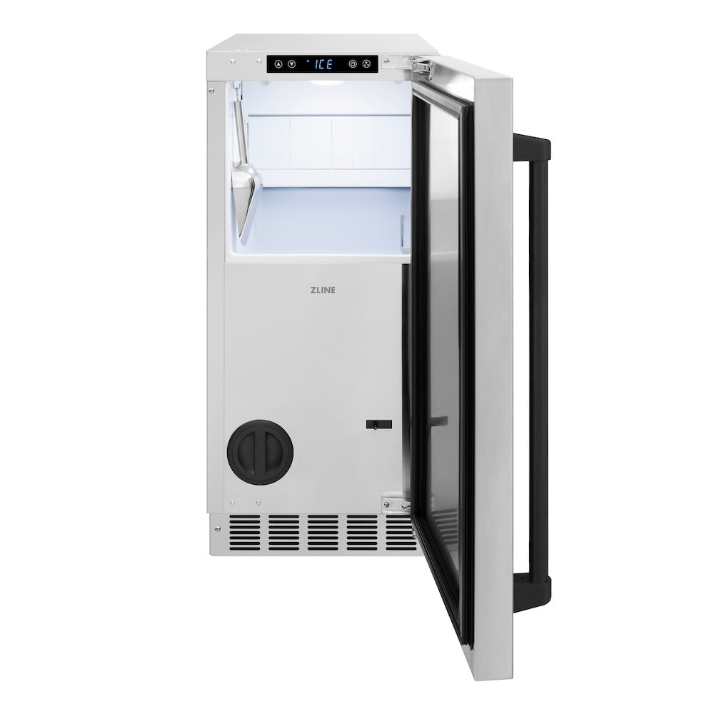 ZLINE Autograph Edition Touchstone 15-inch ice maker in stainless steel and matte black accents IGMDZ-ST-15-MB, front view