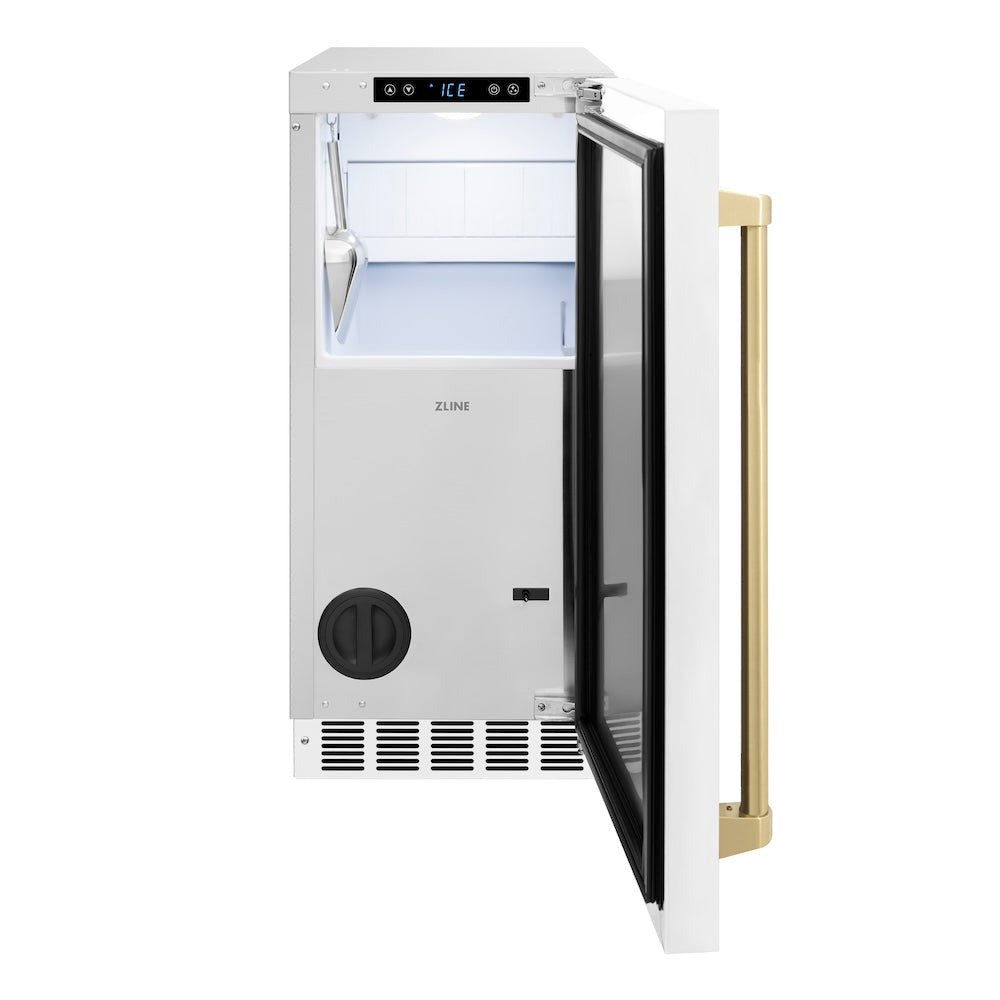ZLINE Autograph Edition Touchstone 15-inch ice maker in white matte and champagne bronze accents IGMDZ-WM-15-CB, front view