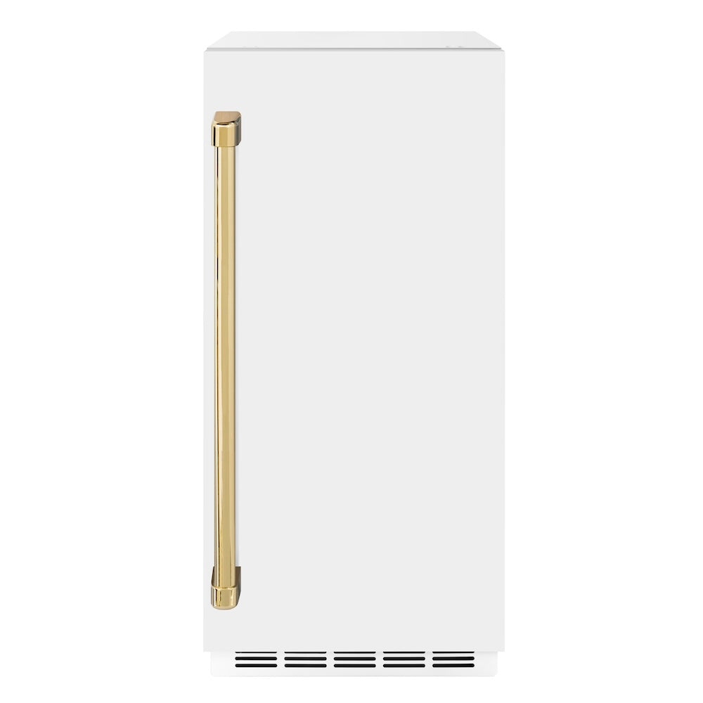 ZLINE Autograph Edition Touchstone 15-inch ice maker in white matte and polished gold accents IGMDZ-WM-15-G