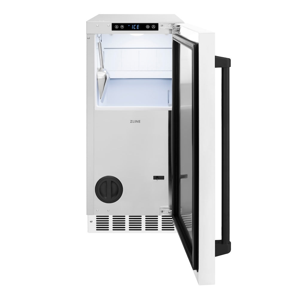 ZLINE Autograph Edition Touchstone 15-inch ice maker in white matte and matte black accents IGMDZ-WM-15-MB, front view