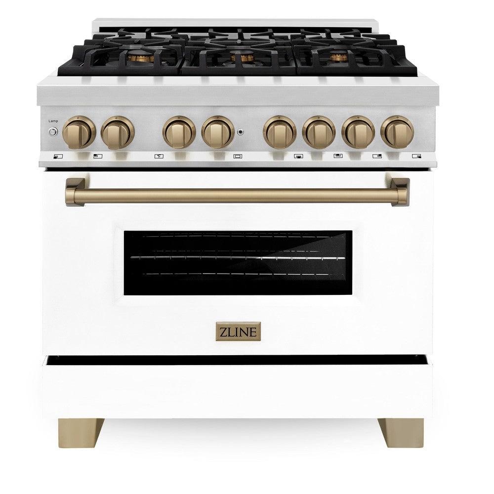 ZLINE Autograph Edition Legacy 36-inch range in stainless steel with white matte door and champagne bronze accents RAZ-WM-36-CB, front view