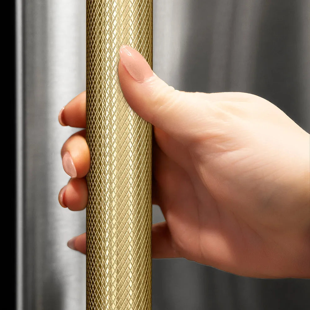 ZLINE Autograph Edition Touchstone 24-inch beverage fridge in stainless steel and champagne bronze accents RBSOZ-ST-24-KCB, detail