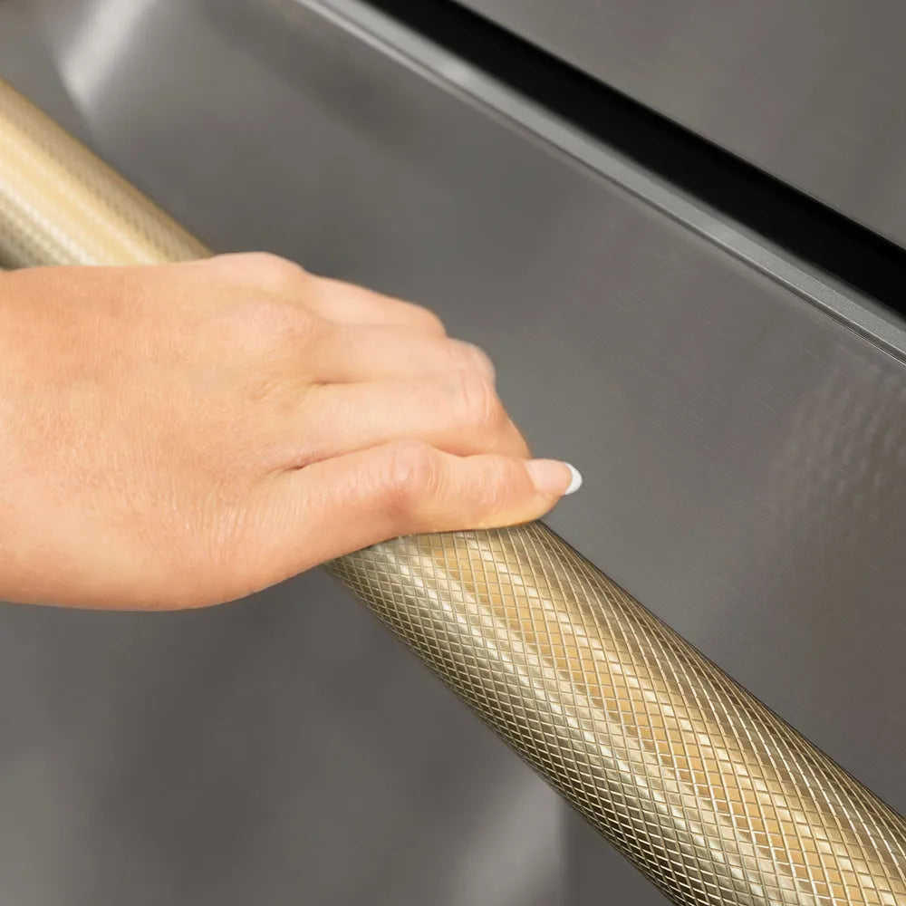 ZLINE Autograph Edition Touchstone 24-inch refrigerator in stainless steel and champagne bronze accents RDSOZ-ST-24-KCB, detail