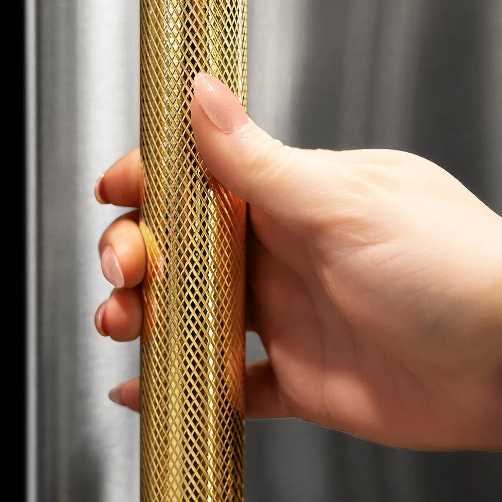 ZLINE Autograph Edition 36-inch refrigerator in stainless steel with graphite gray interior and polished gold accents GRBITZ-30436KG, detail