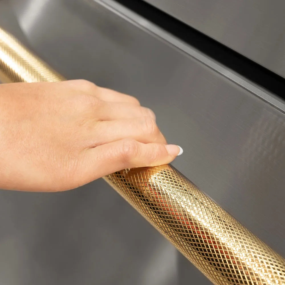 ZLINE Autograph Edition Touchstone 24-inch refrigerator in stainless steel and polished gold accents RDSOZ-ST-24-KG, detail