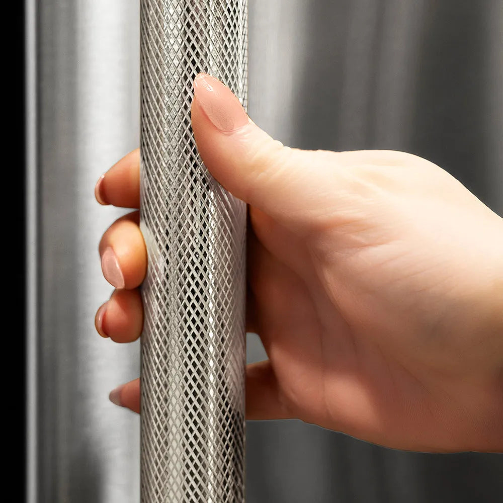 ZLINE Autograph Edition 72-inch refrigerator in stainless steel with graphite gray interior and polished nickel accents GRBITZ-30472KPN, detail