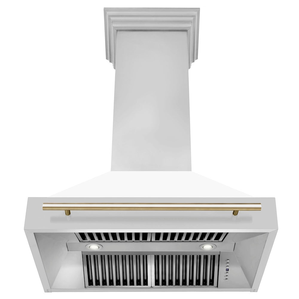 ZLINE Autograph Edition 36-inch range hood in white matte and polished gold accents 8654STZ-WM36-G, front view