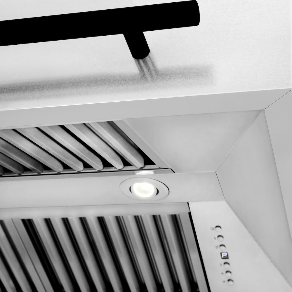 ZLINE Autograph Edition 36-inch range hood in satin stainless steel and matte black accents 8654SNZ-36-MB, detail