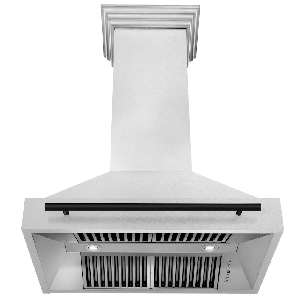 ZLINE Autograph Edition 36-inch range hood in satin stainless steel and matte black accents 8654SNZ-36-MB, front view