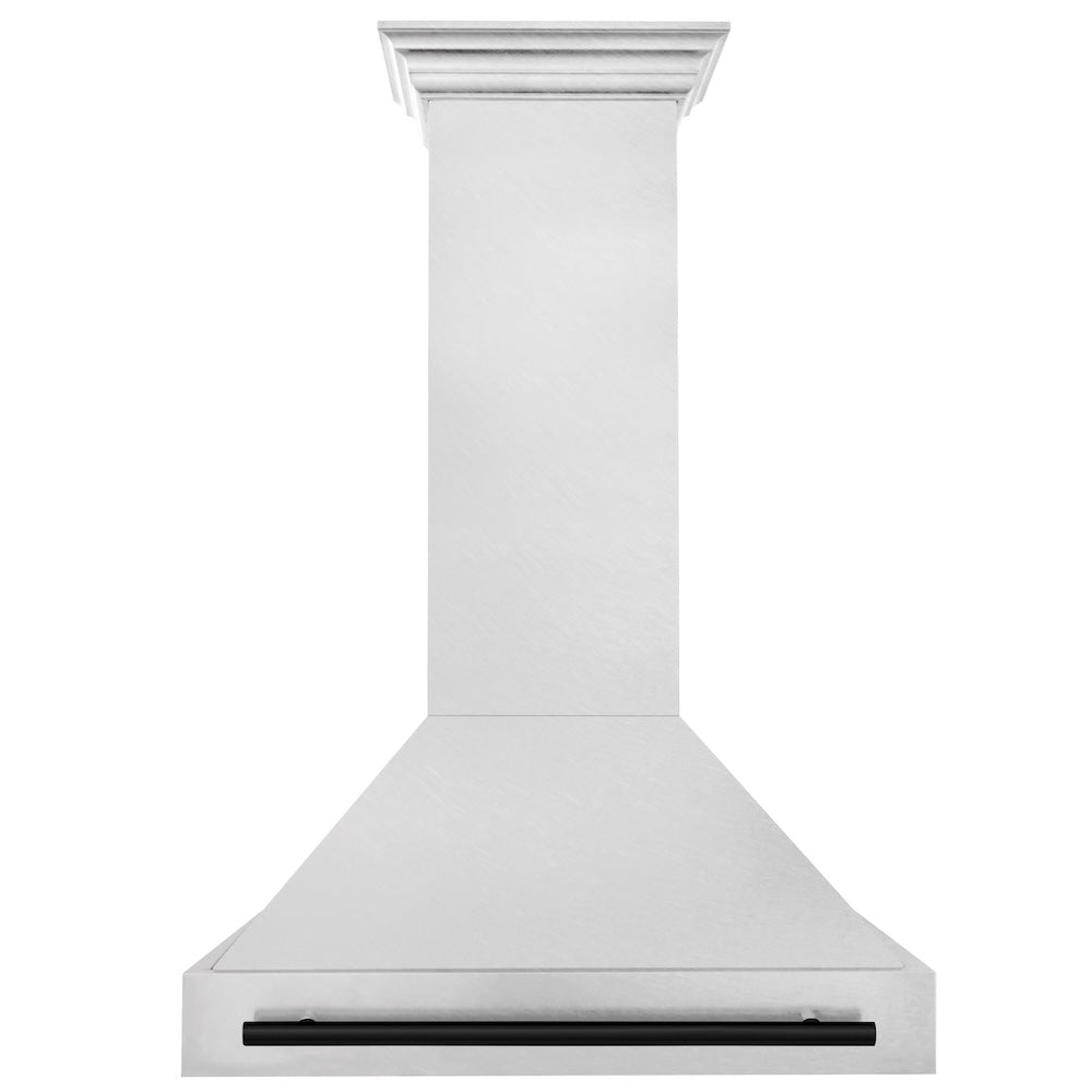 ZLINE Autograph Edition 36-inch range hood in satin stainless steel and matte black accents 8654SNZ-36-MB, front view