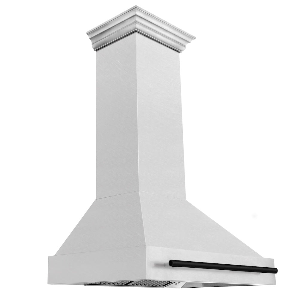 ZLINE Autograph Edition 36-inch range hood in satin stainless steel and matte black accents 8654SNZ-36-MB