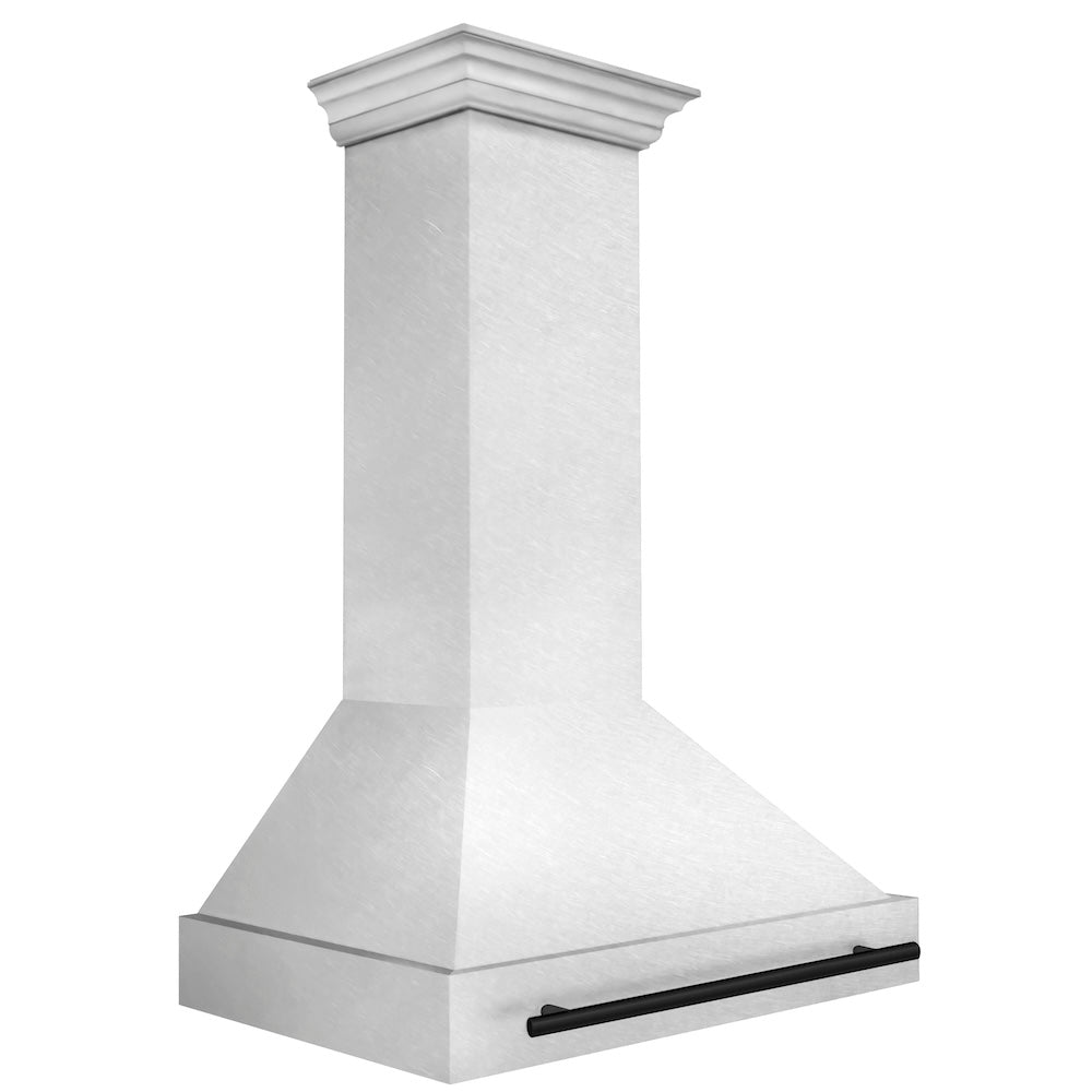 ZLINE Autograph Edition 36-inch range hood in satin stainless steel and matte black accents 8654SNZ-36-MB, side view