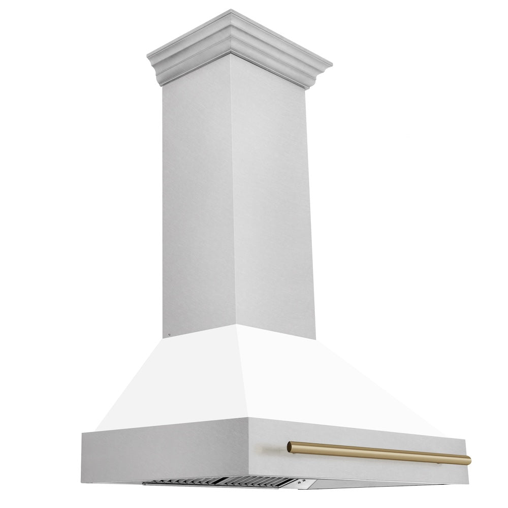 ZLINE Autograph Edition 36-inch range hood in satin stainless steel and champagne bronze accents 8654SNZ-WM36-CB