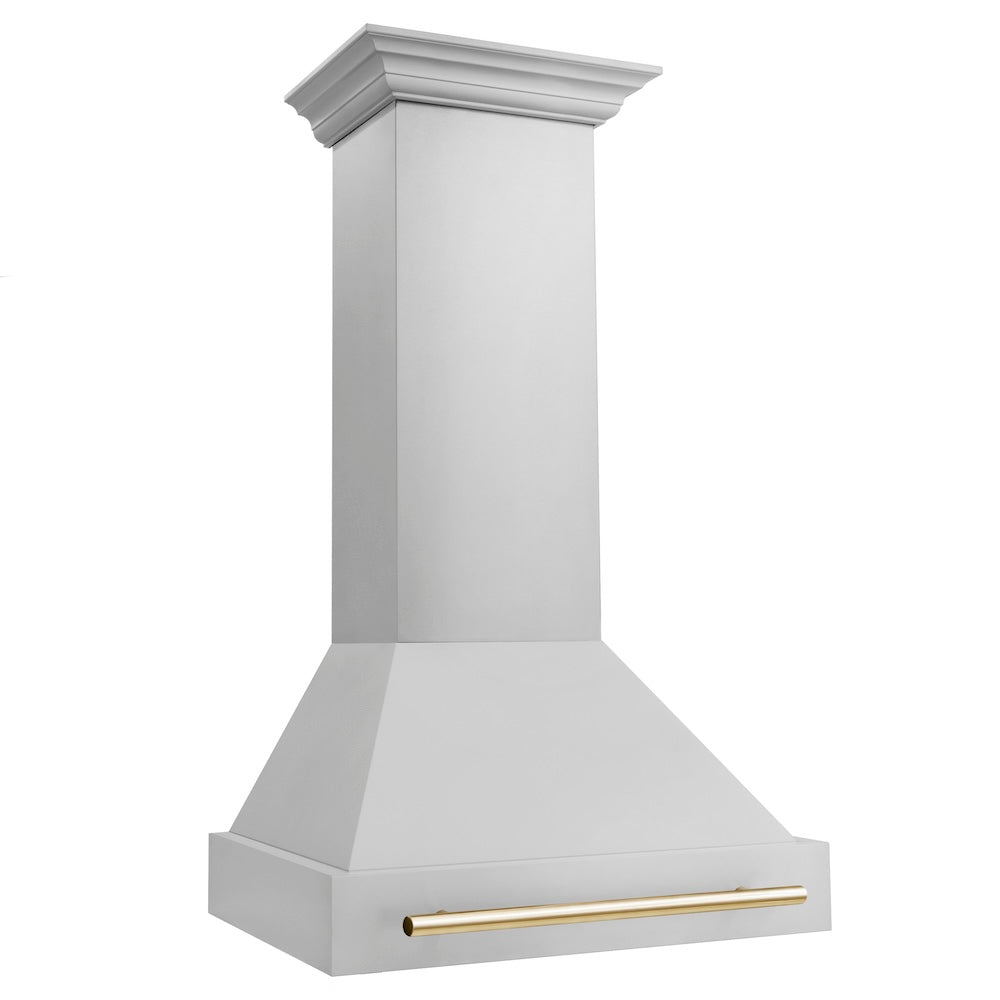 ZLINE Autograph Edition 30-inch range hood in stainless steel and polished gold accents 8654STZ-30-G, side view